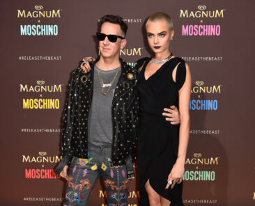 Cara Delevingne, and Jeremy Scott, Moschino Creative Director, arrive at the Magnum x Moschino ÔRelease the BeastÕ party in Cannes, France. PRESS ASSOCIATION Photo. Picture date: Thursday May 18, 2017. Photo credit should read: Matt Crossick/PA Wire